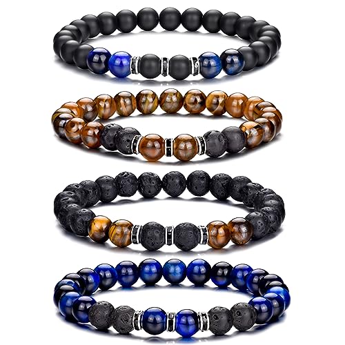 RANKEEF Tiger Eye Bracelet For Men 8MM Natural Stone Beads Bracelet Set Stretch Lava Rock Bracelets Adjustable Black Crystal Beaded Bracelet for Men Women Gifts