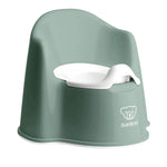 Green baby potty chair with white seat on a white background
