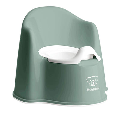 Green baby potty chair with white seat on a white background