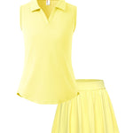 PATPAT Girls Tennis Outfits Size 9-10, Yellow Sleeveless Polo Shirts + Pleated Skort with Built in Shorts 2 Piece Outfits Clothes For Girls Gym Outfits Kids Activewear Sets