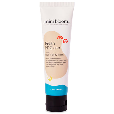 Tube of mini bloom Fresh N' Clean 2-in-1 Hair + Body Wash on a white background