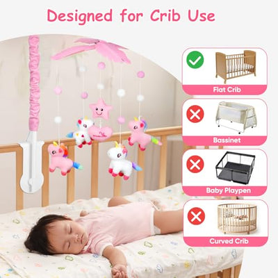 Baby Crib Mobile with Music and 28” Mobile Arm, Pink White Unicorm Crib Mobile for Baby Girls, Musical Nursery Mobile, Pink Nursery Decor, Crib Toy for Infant Baby, 6 Hanging Plush Toys, 35 Lullabies