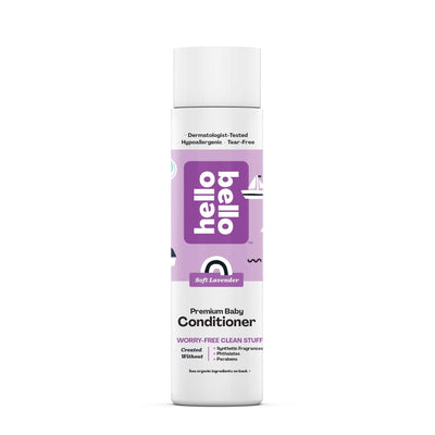 Baby conditioner bottle with 'hello' branding on a white background