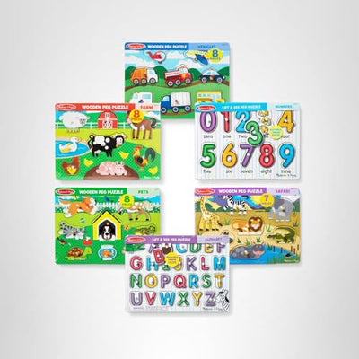 Melissa & Doug Wooden Peg Puzzle 6 Pack Numbers, Letters, Animals, Vehicles
