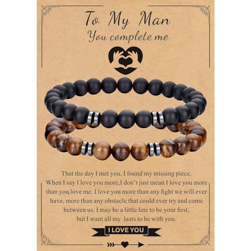 RANKEEF Tiger Eye Bracelet For Men 8MM Natural Stone Beads Bracelet Set Stretch Lava Rock Bracelets Adjustable Black Crystal Beaded Bracelet for Men Women Gifts