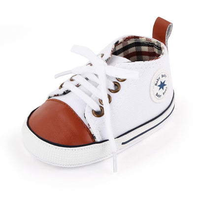 KKIIDDSS Unisex Baby Girls Boys Canvas High-top Shoes, Newborn Infant Anti-Slip Soft Sole Frist Walking Breathable Sneakers (A01 White_Brown,6-12 Months)