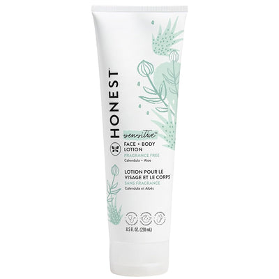 Honest brand sensitive face and body lotion on a white background