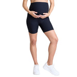 Motherhood Maternity Women's Over The Belly Ribbed Biker Pregnancy Workout Shorts, Black, Medium