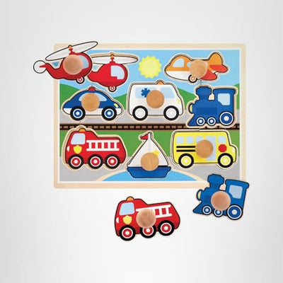 Melissa & Doug Vehicle Jumbo Knob Puzzle, Wooden Peg Puzzle for Toddlers, Educational Toy for Shape Recognition and Fine Motor Skills, Ages 1+