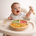 Bamboo Baby Plates with Suction, Toddler Plates for Self Feeding, Eco Friendly Baby Feeding Plate Set, Divided Plate for Baby Boy & Baby Girl, BPA Free, Easy Clean (Beige)