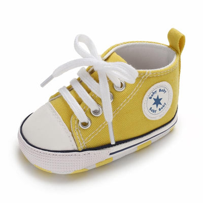 KKIIDDSS Unisex Baby Girls Boys Canvas High-top Shoes, Newborn Infant Anti-Slip Soft Sole Frist Walking Sneakers (A03/Yellow,12-18 Months)