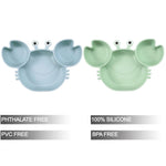 PandaEar 2 Pack Silicone Suction Plate for Baby, Divided Unbreakable Toddler Food Plate with 2 Pack Spoons for Self Feeding, Toddler Utensils Feeding Set Baby Eating Supplies, Crab Shape -Blue&Green