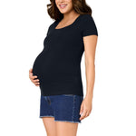 Motherhood Maternity Women’s Square Neck Rib Knit Short Sleeve Pregnancy Top, Black, X-Large