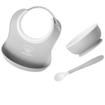 BabyBjörn Baby Feeding Set, 3 pcs, Gray Includes Baby Plate, Baby Fork, Baby Spoon, and Baby Cup Dishwasher Safe Toddler Feeding Set for self-Feeding or Baby-led weaning