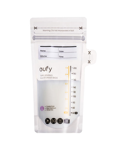 A white eufy breast milk storage bag with measurement markings and temperature sensing color change feature.