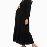 Motherhood Maternity Women's V-Neck Long Puff Sleeve Ruffle Midi Pregnancy Dress, Black, Small