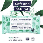 Pura Baby Wipes 3 x 60 per pack (180 Wipes) 100% Plastic-Free & Plant Based Wipes, 99% Water, Suitable for Sensitive & Eczema-prone Skin, Fragrance Free & Hypoallergenic, EWG, Cruelty Free (Pack of 2)