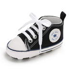 xioqen Unisex Baby Boys Girls Shoes, Newborn Infant Non-Slip Canvas Denim High Top Sneakers, Toddler First Walkers Shoes(01/Black, 0-6 Months