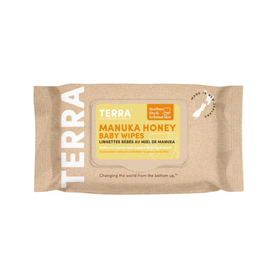 Terra Manuka Honey baby wipes packaging on a white background