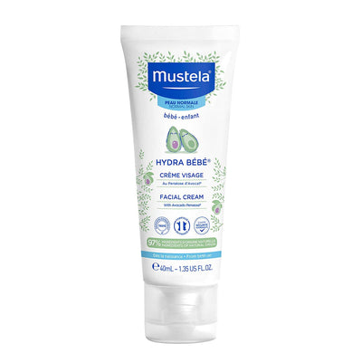 Mustela facial cream tube on a white background