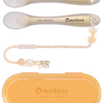 Omnilove Silicone Baby Spoons 2-Pack with Case, Self Feeding 6 Months, Baby Led Weaning Supplies, Toddler Utensils with Safety Chain, Toddler Essentials, Dishwasher Safe Baby Safety Products