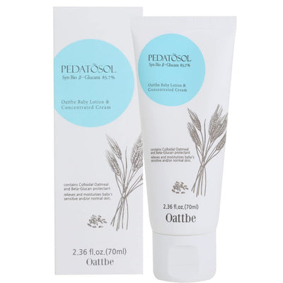 Oatbe baby lotion and cream packaging with branding on a white background