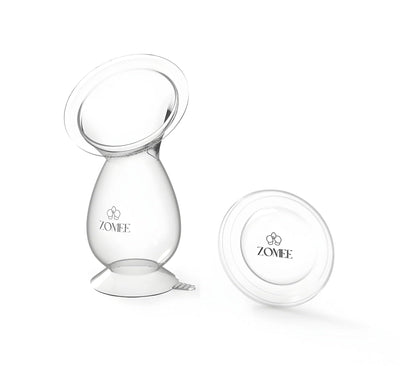 Clear breast pump with Zomee logo on a white background