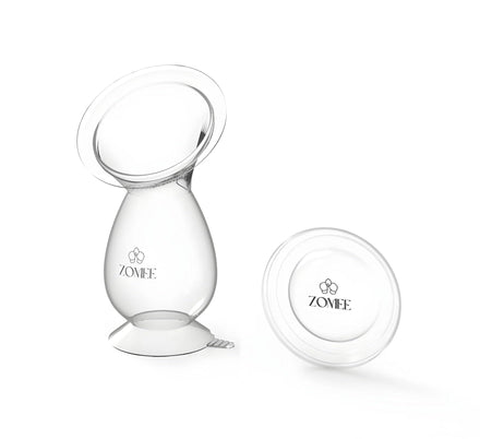 Clear breast pump with Zomee logo on a white background
