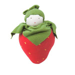 Strawberry-shaped toy with a green cover and white face on a white background
