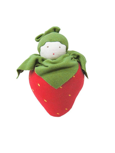 Strawberry-shaped toy with a green cover and white face on a white background