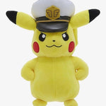 Plush toy resembling Pikachu from Pokémon with a captain's hat on a white background