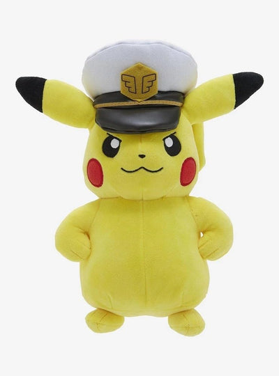 Plush toy resembling Pikachu from Pokémon with a captain's hat on a white background