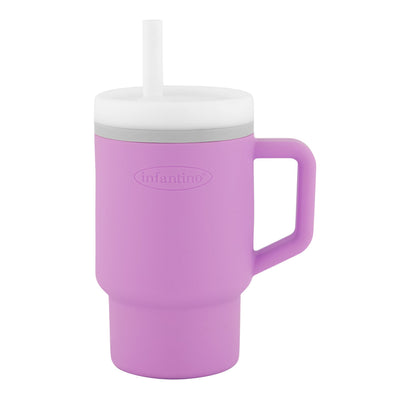 Purple mug with handle and white lid on a white background