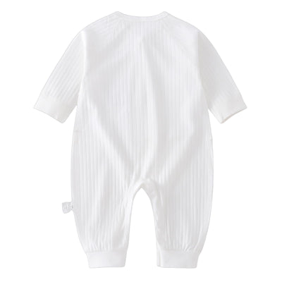 Baby Ribbed Romper and Hat Set with Bear Applique, 100% Cotton Infant Bodysuit Jumpsuit for All-season, Long Sleeve (White, 1-3M)