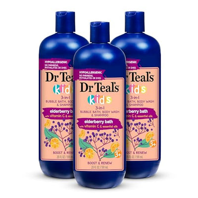 Three bottles of Dr. Teal's Kids 3-in-1 bath, body wash & shampoo with elderberry bath on a white background.