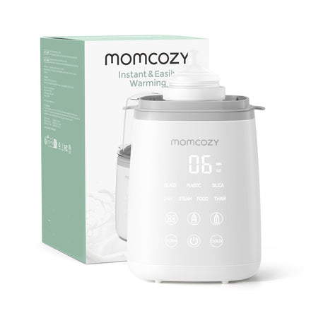 Momcozy baby bottle warmer with packaging on a white background