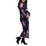 Motherhood Maternity Women's Long Sleeve Mesh Turtleneck Maxi Pregnancy Bodycon Dress, Black Floral