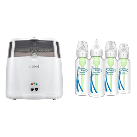 Dr. Brown's bottle sterilizer and bottles on a white background