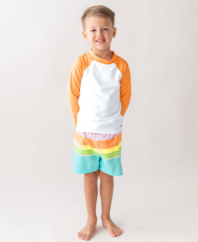 RUGGEDBUTTS Boys UPF50+ Sun Protection Striped Color Block Swim Trunks - Pale Rainbow Stripe, 2T