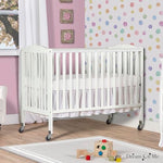 Dream On Me Folding Full-Size Convenience Baby Crib in White, GreenGuard Gold & BSA, Portable, Patented Quick Folding System, Strong Wheels, 2 Adjustable Mattress Heights