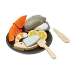 PlanToys® Wooden Pretend Play Seafood Platter Food Toy for Kids | Includes Fish, Prawn, Oyster, Knives & More | Montessori Role Play Kitchen Toy for Imaginative Learning