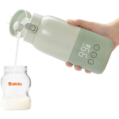 Hand holding a digital milk bottle warmer pouring milk into a jar with 'Bololo' branding.