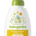 Babyganics foaming shampoo & body wash bottle with green pump on a white background