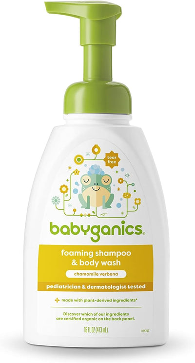 Babyganics foaming shampoo & body wash bottle with green pump on a white background