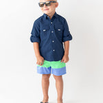 RUGGEDBUTTS Boys UPF50+ Sun Protection Striped Color Block Swim Trunks - Mint & Blue, 3T