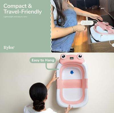 Rylor Baby Bathtub for Newborns & Infants 0-12 Months - Foldable, Compact, Non-Slip Bath Tub with Adjustable Cushion - Safe & Comfortable Bath Seat - Perfect for Home & Travel (Pink)