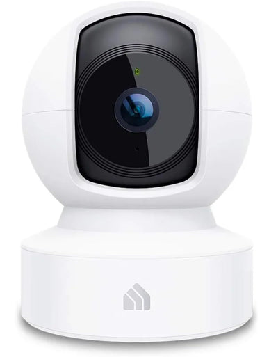 White security camera with a black lens on a white background