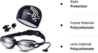 4 in 1 Swimming Kit | Goggles - Cap - Earplugs - Nose clip | Comfortable Adjustable Anti Fog UV Protected lenses | For Adults or Kids Men or Women | No Leaking | Swim Pool Sea Gift Pack | Black
