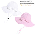 Baby Girl Sun Hat with UPF 50+ Outdoor Adjustable Beach Hat with Wide Brim Bucket Hats (12-24 Months,White & Pink-Stripe 2pcs)