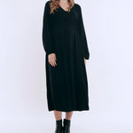 Motherhood Maternity Women’s Long Sleeve Button Front Midi Pregnancy Dress, Black, Medium